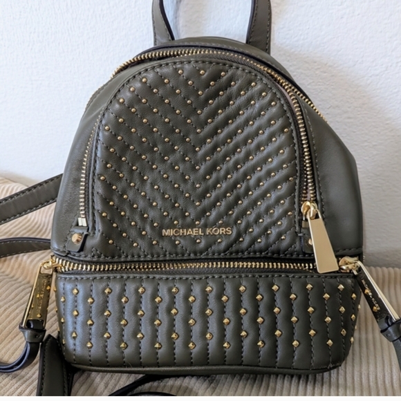 Michael Kors Olive and Gold Quilted Backpack - Picture 4 of 7